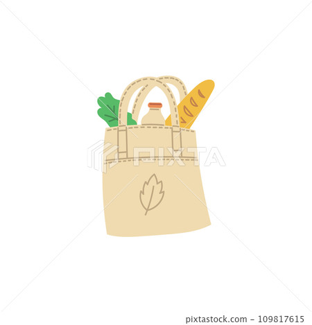 Fabric shopper with bread, bottle of milk and salad leaves flat style Fabric shopper with bread, bottle of milk and salad leaves flat style 109817615