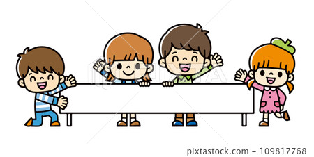 Vector illustration of white signboard with smiling and waving children Vector illustration of white signboard with smiling and waving children 109817768