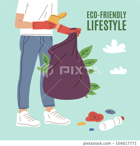 Person collecting garbage into trash bag, volunteer pick up trash to keep the earth clean, ECO friendly vector poster Person collecting garbage into trash bag, volunteer pick up trash to keep the earth clean, ECO friendly vector poster 109817771