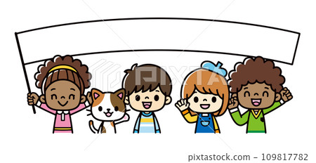 Illustration of children from around the world smiling and waving big flags 109817782