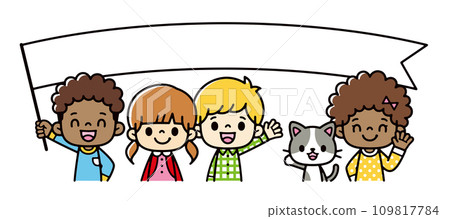 Illustration of kids around the world smiling and holding big flags 109817784