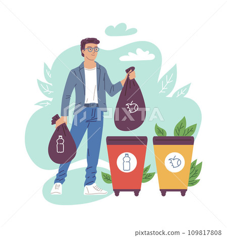 Man collects trash and garbage, ecologist volunteer, cartoon vector 109817808