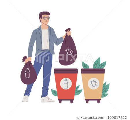 Person is putting rubbish in trash bins, dumpsters or containers, vector eco-friendly man practicing garbage sorting 109817812