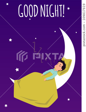 Good night card with child sleeping on the moon flat vector illustration. 109817819