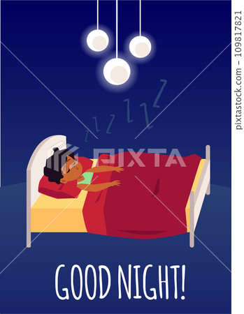 Vector poster or banner with the image of a boy sleeping in his bed. 109817821