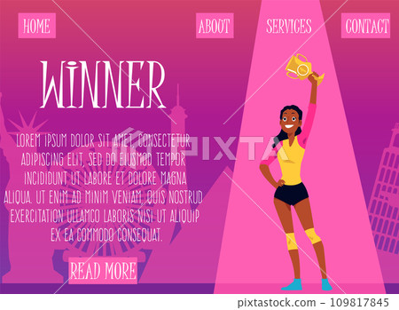 Web page design with the image of the woman champion holding the gold winner cup 109817845