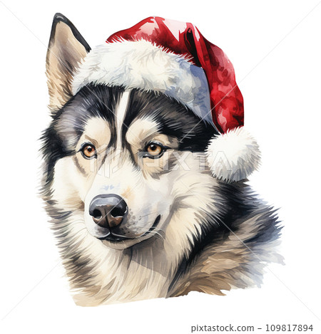 Siberian Husky Dog Wearing a Santa Hat. AI generated image Siberian Husky Dog Wearing a Santa Hat. AI generated image 109817894