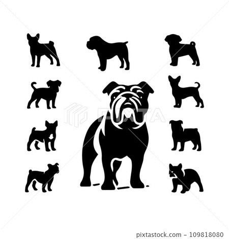 Silhouette Solid Vector Icon Set Of Dog, Breeds, Canine, Pooch, Hound, Puppy, Mutt, Pet, Doggy. 109818080