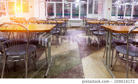 Cafeteria, dining room in university, cafe with tables and chairs, counter bar hotel. Cafeteria, dining room in university, cafe with tables and chairs, counter bar hotel. 109818172