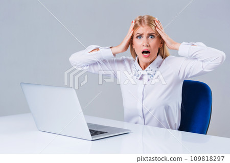 Young businesswoman working at laptop computer. Young businesswoman working at laptop computer. 109818297