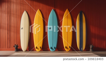 three surfboards against a yellow wall three surfboards against a yellow wall 109818403