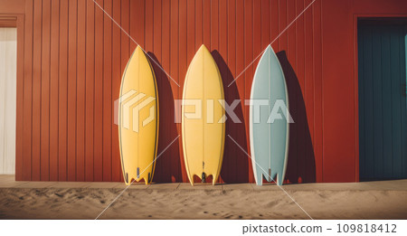 three surfboards against a yellow wall 109818412