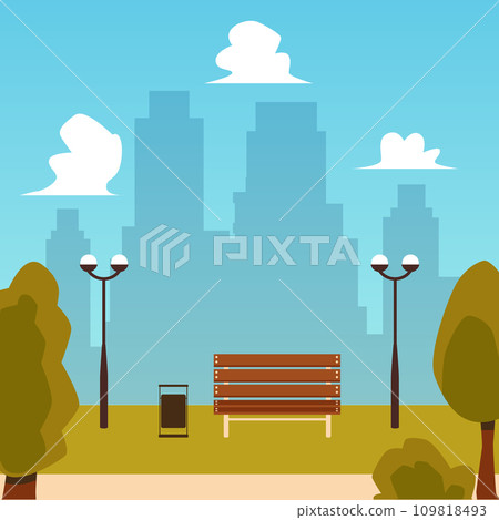Autumn landscape with park bench and trees flat cartoon vector illustration. 109818493