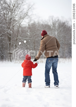 Father and son tossing snowballs, capturing the magic of snowy fun Father and son tossing snowballs, capturing the magic of snowy fun 109818496