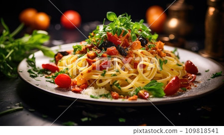 A tempting dinner arrangement with pasta, antipasti, and inviting copy space for text 109818541