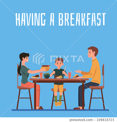 Family with child having a breakfast together at home flat vector illustration. 109818723