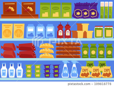 Supermarket shelves with products Supermarket shelves with products 109818778