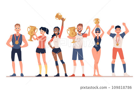 Diverse sportive people with award cups flat vector illustration isolated. 109818786