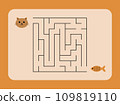 Maze game, worksheet for kids, cat and fish on an orange background, vector. 109819110