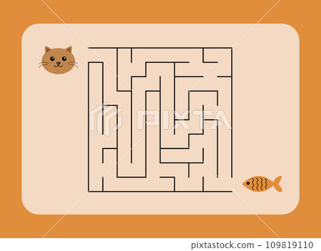 Maze game, worksheet for kids, cat and fish on an orange background, vector. 109819110