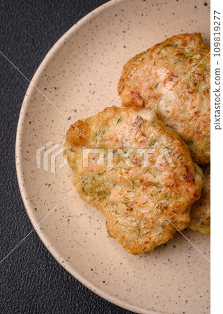 Delicious fresh fried minced fish cutlets with spices and herbs 109819277