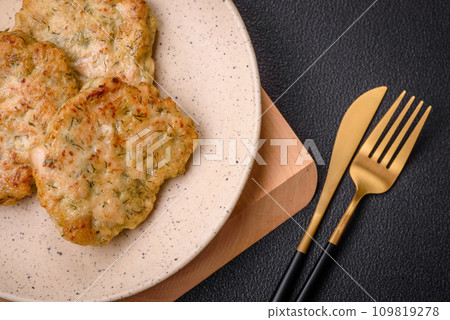 Delicious fresh fried minced fish cutlets with spices and herbs Delicious fresh fried minced fish cutlets with spices and herbs 109819278