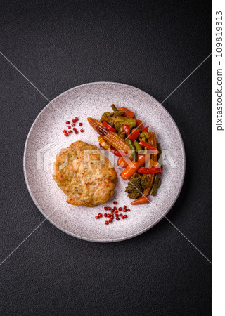 Delicious fresh fried minced fish cutlets with spices and herbs Delicious fresh fried minced fish cutlets with spices and herbs 109819313