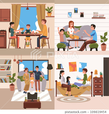 Vector set of posters of daily family home leisure. 109819454