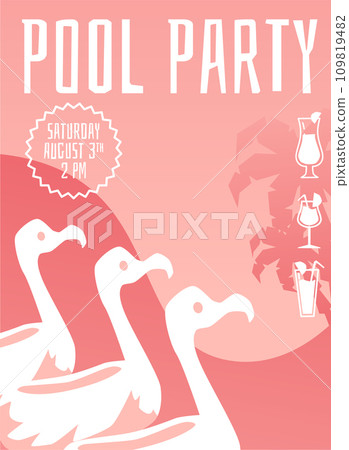 Pool party - pink poster with flamingo birds and cocktail drinks. 109819482