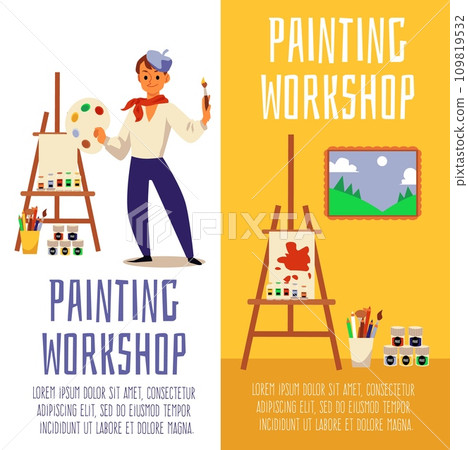 Artist painting workshop - vertical banner set with art teacher and supplies Artist painting workshop - vertical banner set with art teacher and supplies 109819532