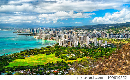 Aerial view of Waikiki in Honolulu city from Diamond Head Crater in Oahu Island, Hawaii 109819852