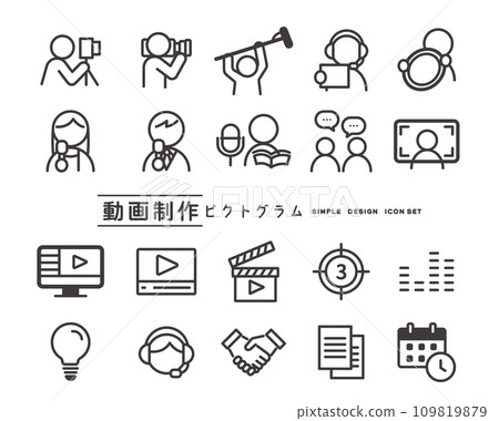 與影片製作相關的圖示和象形圖向量圖解素材 109819879