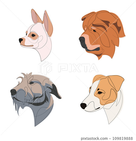 Breeds of dogs drawn in minimal style set. One line dogs. Vector illustration. 109819888