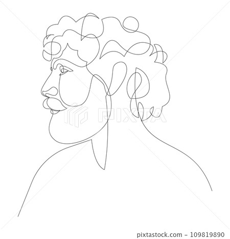 Continuous one line drawing of man portrait with beard and curly hair. Male side view vector illustration. 109819890