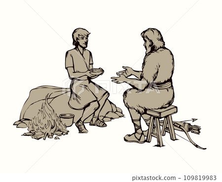 Vector drawing. Jacob gives soup to Esau 109819983
