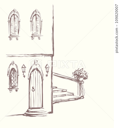 Vector Sketch. A comfortable bench in an old quiet courtyard 109820007