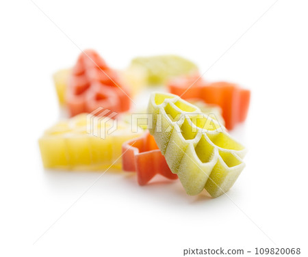 Uncooked raw pasta. Various Christmas shapes. Pasta isolated on white background. 109820068