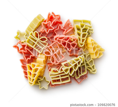 Uncooked raw pasta. Various Christmas shapes. Pasta isolated on white background. 109820076