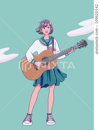 女高中生一邊彈吉他一邊唱歌 109820142