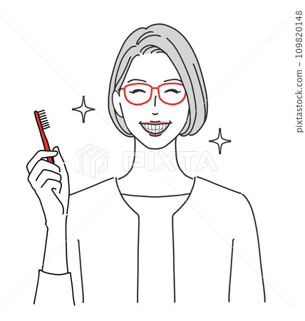 A middle-aged woman with beautiful teeth holding a toothbrush 109820148