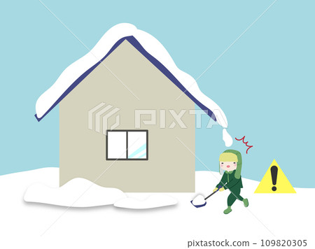 Illustration of being careful about snow falling from the roof of a house while shoveling snow 109820305