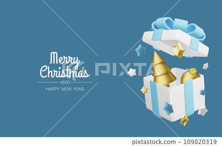 Happy New Year and Merry Christmas. Background with realistic holiday ball and gift. Christmas balls, gold stars, shiny confetti. Happy New Year and Merry Christmas. Background with realistic holiday ball and gift. Christmas balls, gold stars, shiny confetti. 109820319
