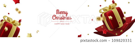 Happy New Year and Merry Christmas. Christmas holiday background with realistic 3d objects,gold and red bauble balls, conical metal stars. Levitation falling design composition. Happy New Year and Merry Christmas. Christmas holiday background with realistic 3d objects,gold and red bauble balls, conical metal stars. Levitation falling design composition. 109820331