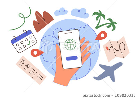 Travel app hand drawn composition, planning a trip online, doodle icons of plane, calendar, ticket, vector illustration of mobile phone screen, globe with location icons, travel agency concept 109820335