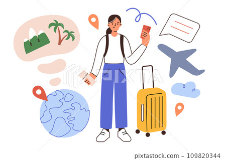 Travel app hand drawn composition, planning a trip online, cartoon woman with baggage, plane, calendar, ticket icons, vector illustration of mobile phone screen, globe with location, travel agency Travel app hand drawn composition, planning a trip online, cartoon woman with baggage, plane, calendar, ticket icons, vector illustration of mobile phone screen, globe with location, travel agency 109820344