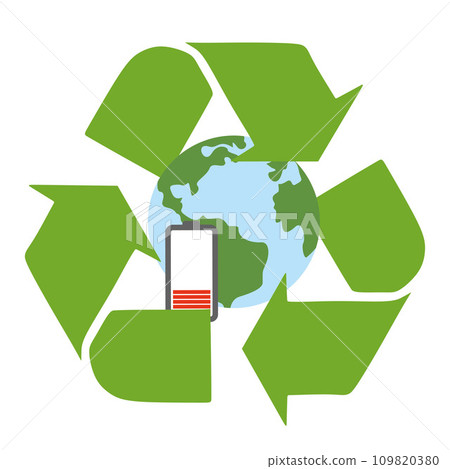 Battery recycling vector icon. Recycle symbol, saving planet concept. Flat cartoon illustration isolated on white. Green arrows, Ecology and environment care. Battery recycling vector icon. Recycle symbol, saving planet concept. Flat cartoon illustration isolated on white. Green arrows, Ecology and environment care. 109820380