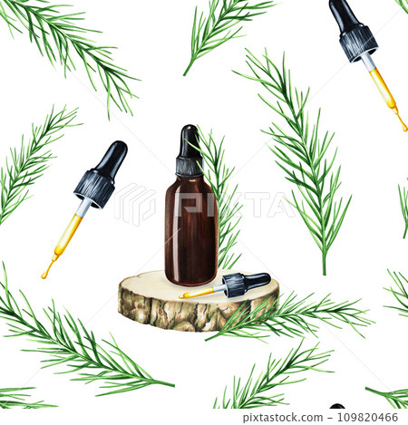Watercolor seamless pattern illustration with bottle of serum, cream with pipette on a wooden saw and fresh rosemary isolated on background. Detail of beauty products and botany set, cosmetology and Watercolor seamless pattern illustration with bottle of serum, cream with pipette on a wooden saw and fresh rosemary isolated on background. Detail of beauty products and botany set, cosmetology and 109820466