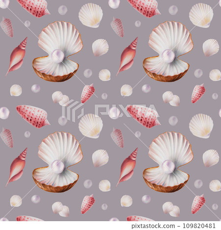 Watercolor seamless pattern with shells and pearls. Hand painting clipart underwater life objects on a white isolated background. For designers, decoration, postcards, wrapping paper, scrapbooking, Watercolor seamless pattern with shells and pearls. Hand painting clipart underwater life objects on a white isolated background. For designers, decoration, postcards, wrapping paper, scrapbooking, 109820481