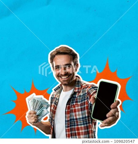 Young smiling excited man in checkered shirt holding mobile phone and money over blue background. Winning Young smiling excited man in checkered shirt holding mobile phone and money over blue background. Winning 109820547
