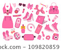 Barbiecore collection. Pink trendy set, pink doll aesthetic accessories and clothing.  109820859